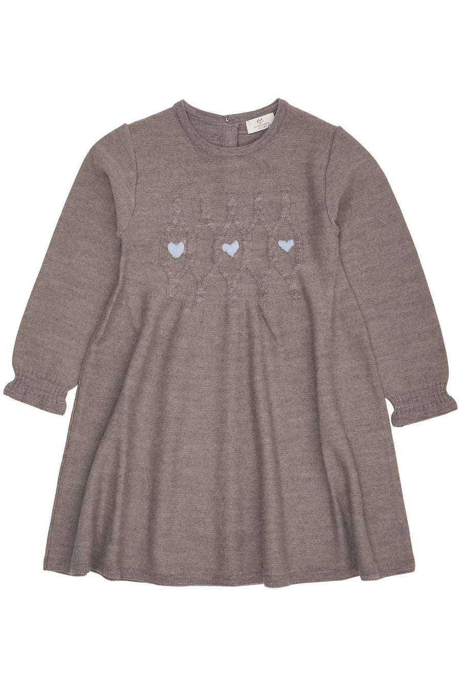 MERINO LS CABLE DRESS W. HEARTS  Natural Mel. W. Dusty Blue Heart