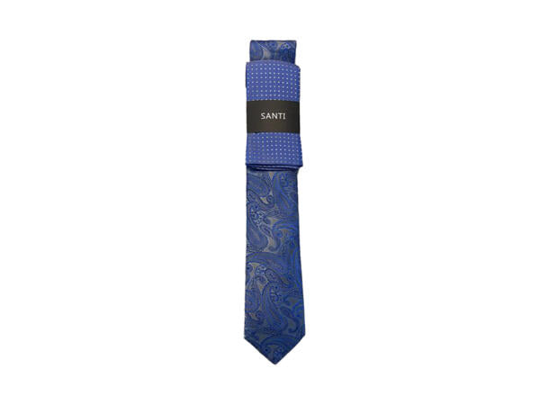 Santi silkeslips+lommetørkle paisley sett blå Blå