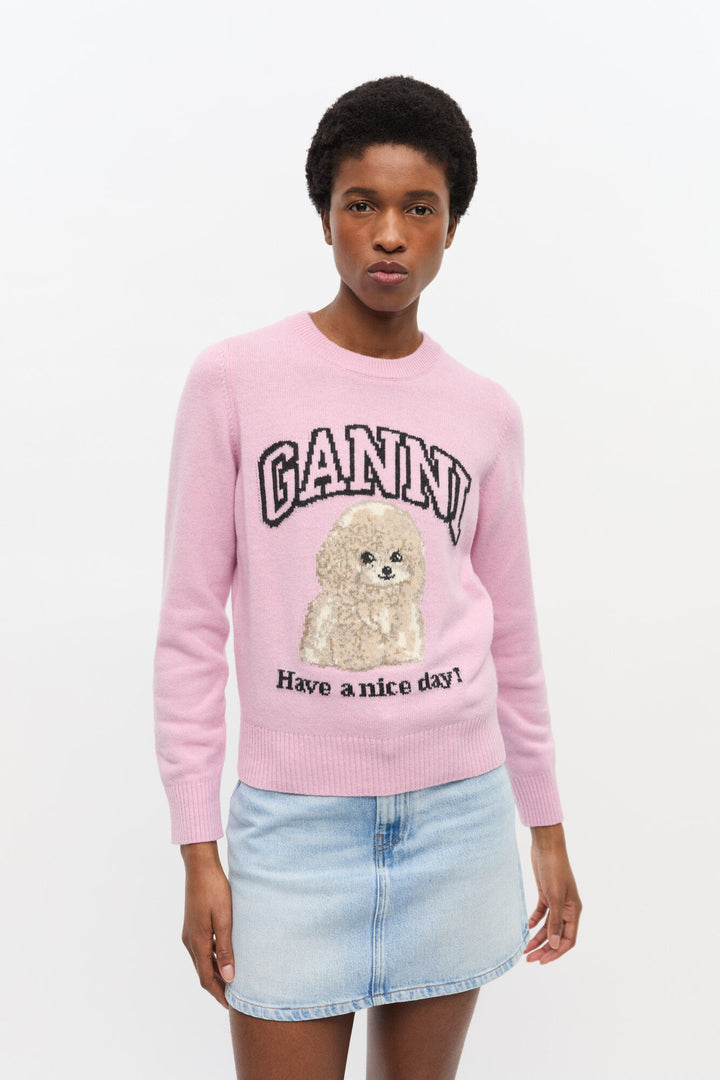 Graphic Wool Mix Poodle Crewneck  Chalk Pink