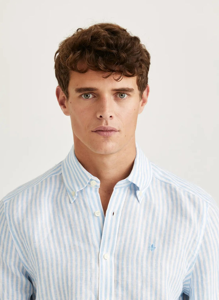 Douglas Linen Stripe Shirt-Classic Fit  Blue