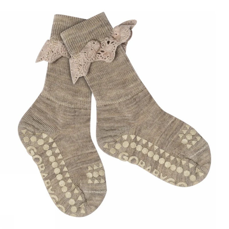 Non-Slip socks in Merino Wool - Lace Light Brown Melange