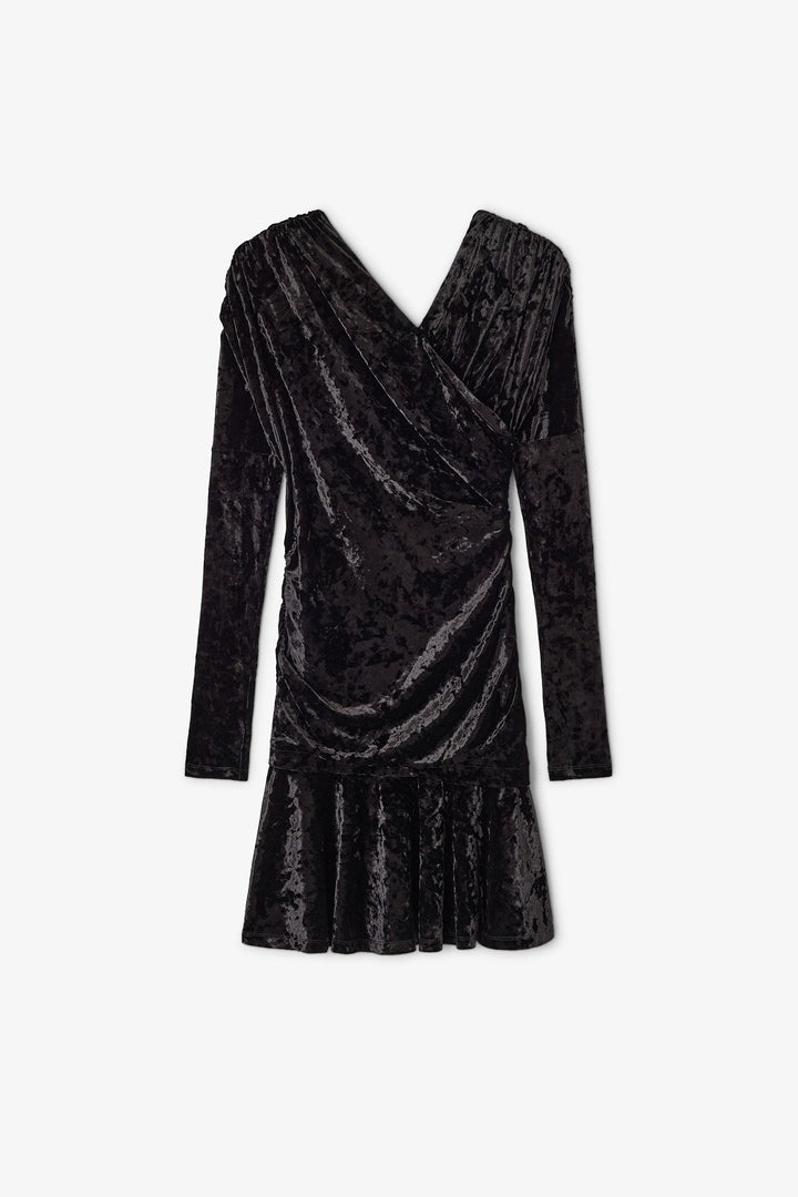 Velour Jersey Crossover Ruched Mini Dress  Black