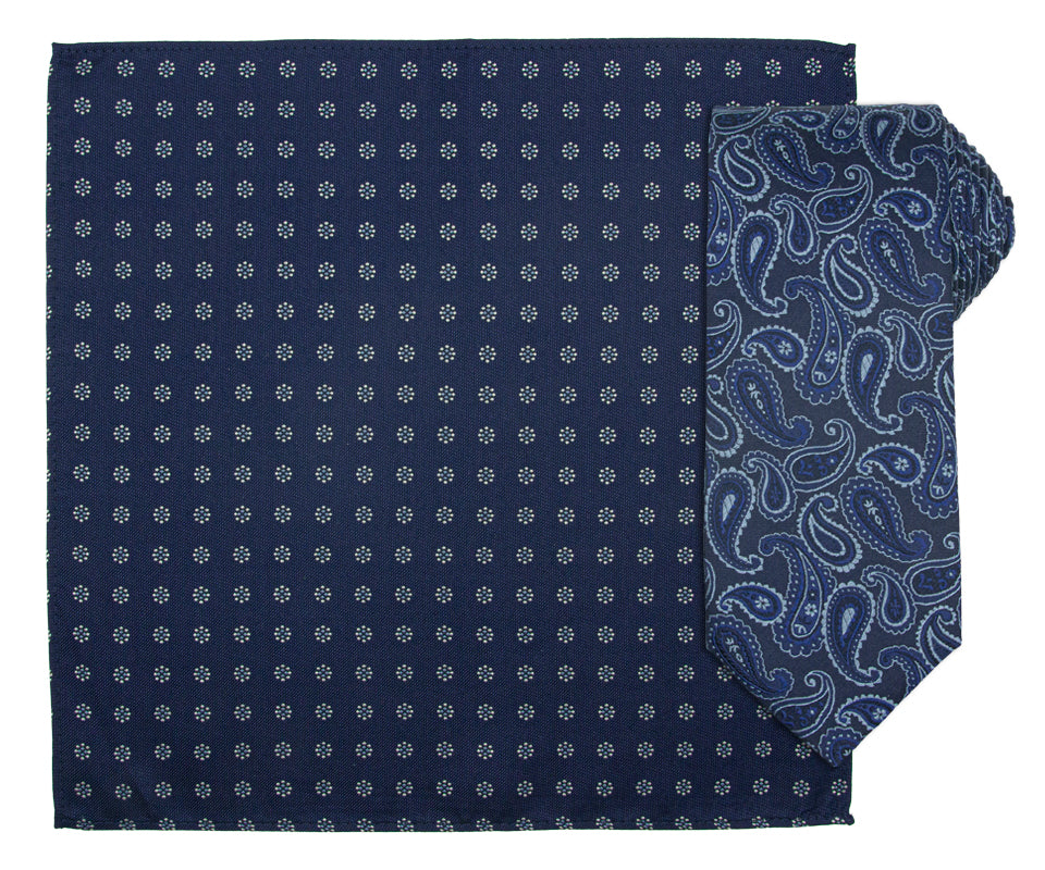 Santi silkeslips+lommetørkle mønstret Navy