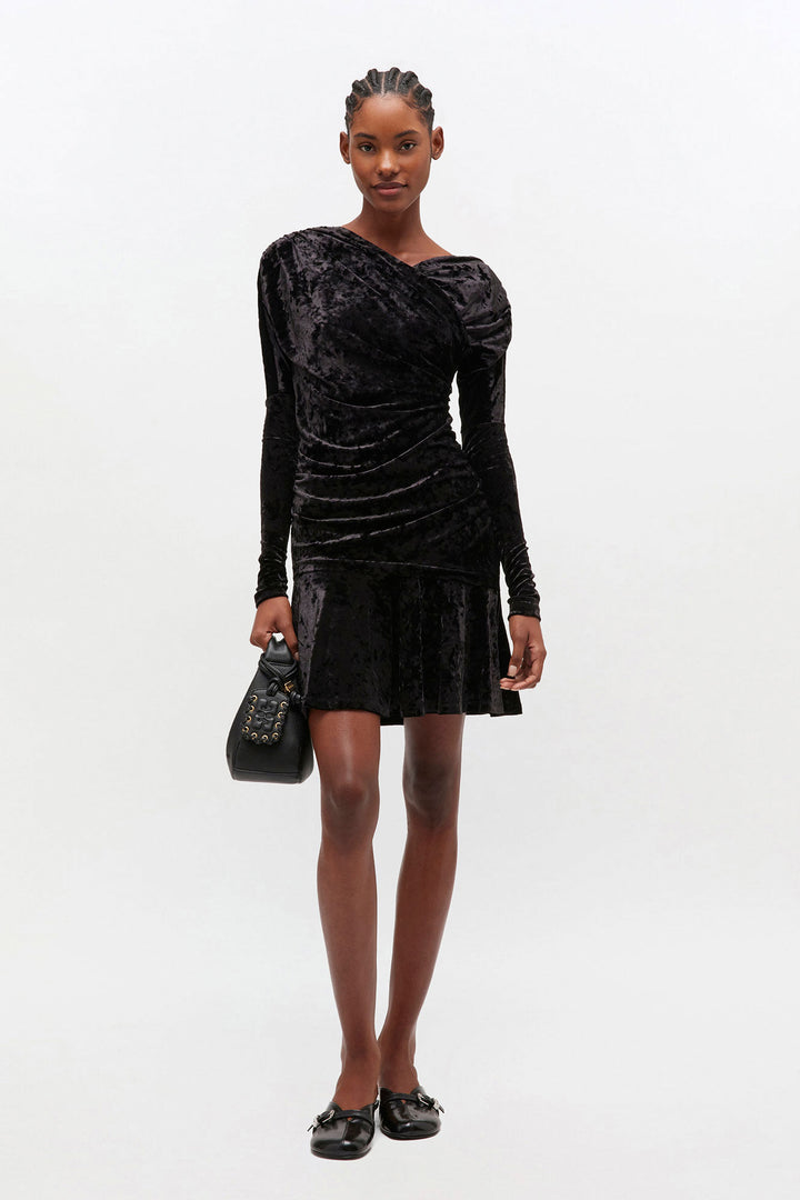 Velour Jersey Crossover Ruched Mini Dress  Black
