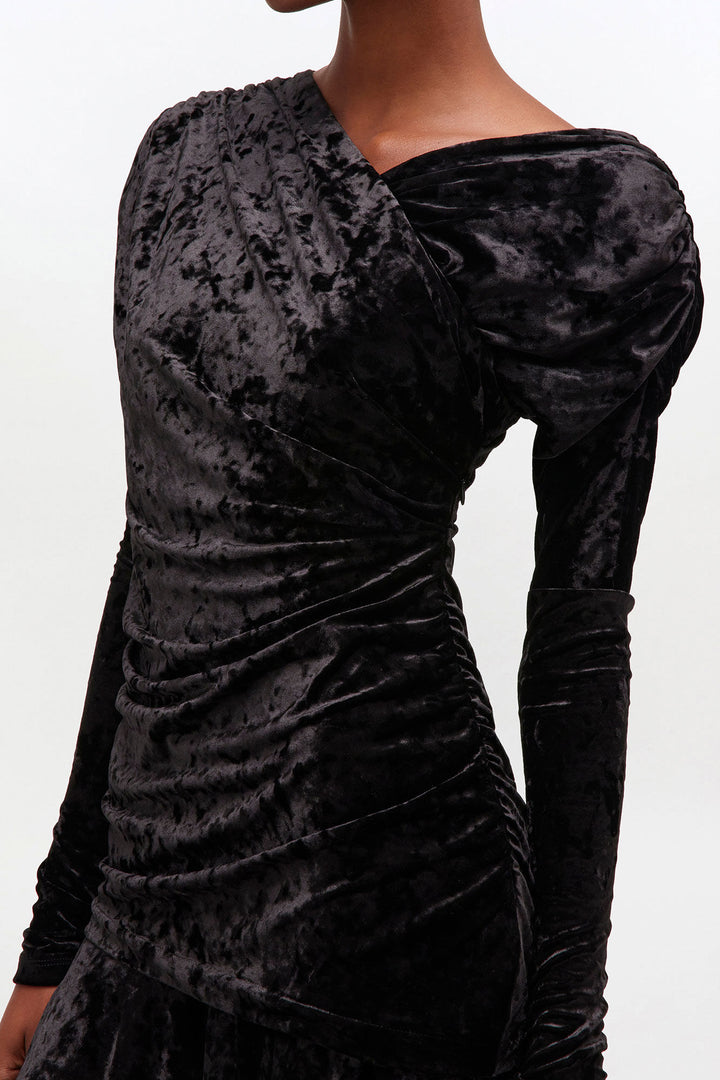 Velour Jersey Crossover Ruched Mini Dress  Black