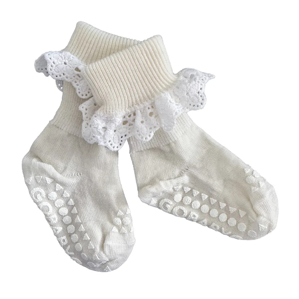 Non-Slip socks in Merino Wool - Lace Snow White