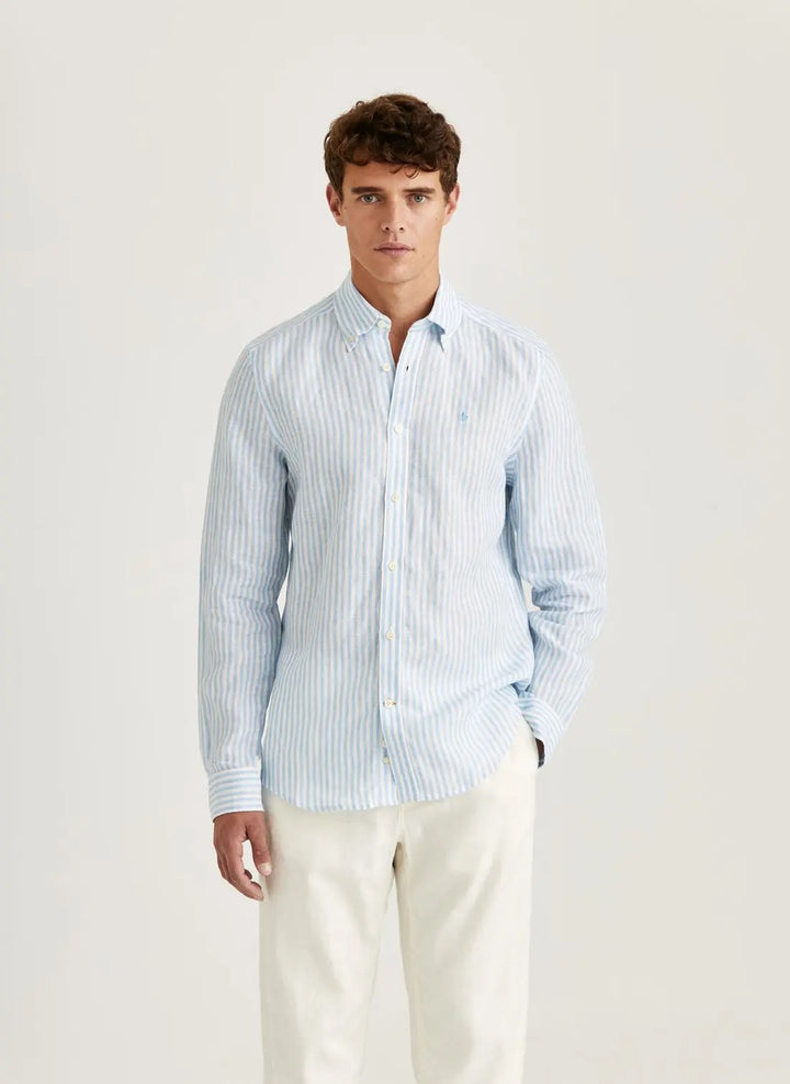 Douglas Linen Stripe Shirt-Classic Fit  Blue