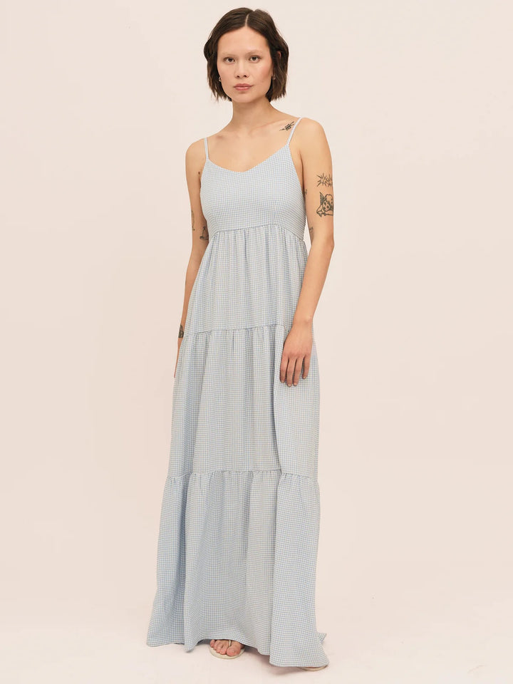 Mari Long Dress  Lt. Blue Checked