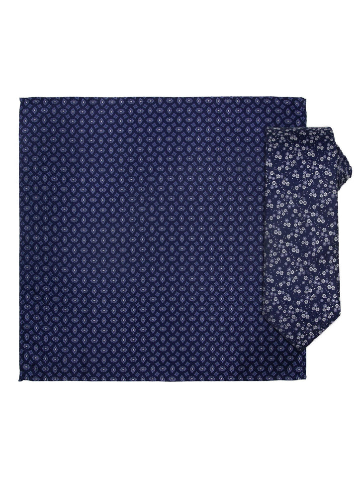 Santi silkeslips+lommetørkle mønstret sett beige  Navy