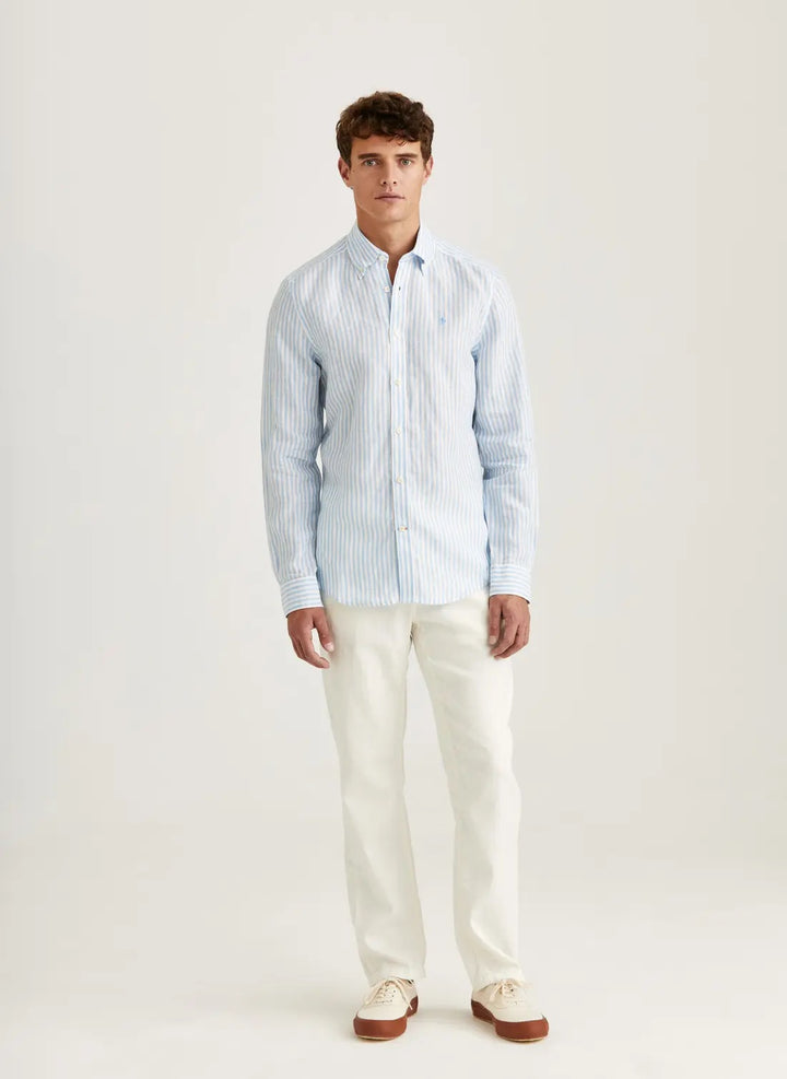 Douglas Linen Stripe Shirt-Classic Fit  Blue