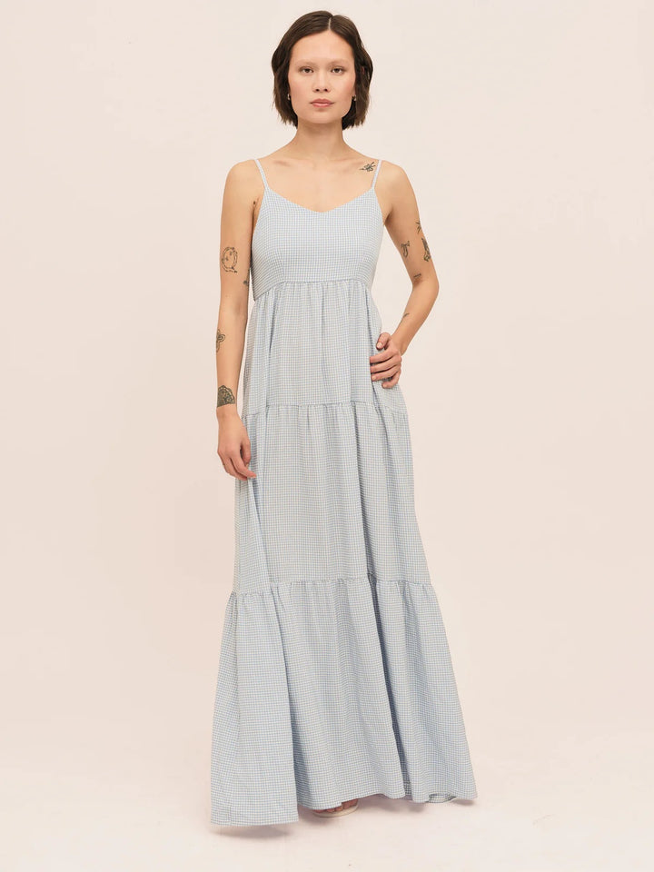 Mari Long Dress  Lt. Blue Checked
