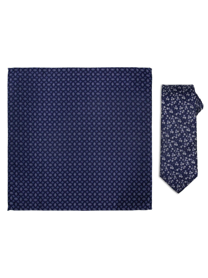 Santi silkeslips+lommetørkle mønstret sett beige  Navy