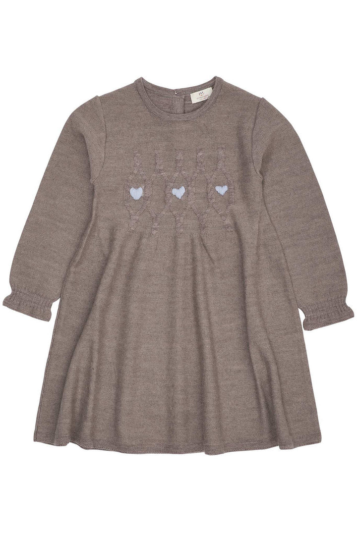 MERINO LS CABLE DRESS W. HEARTS  Natural Mel. W. Dusty Blue Heart