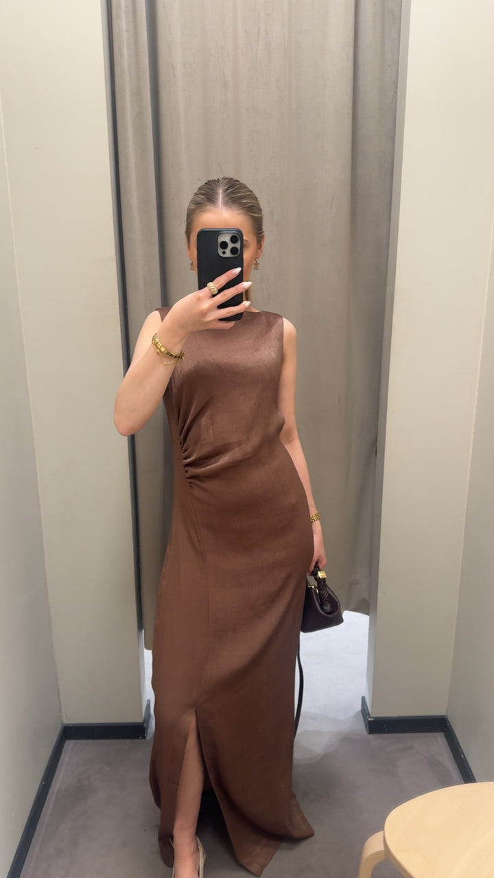 Shiny Sleeveless Dress  Brown