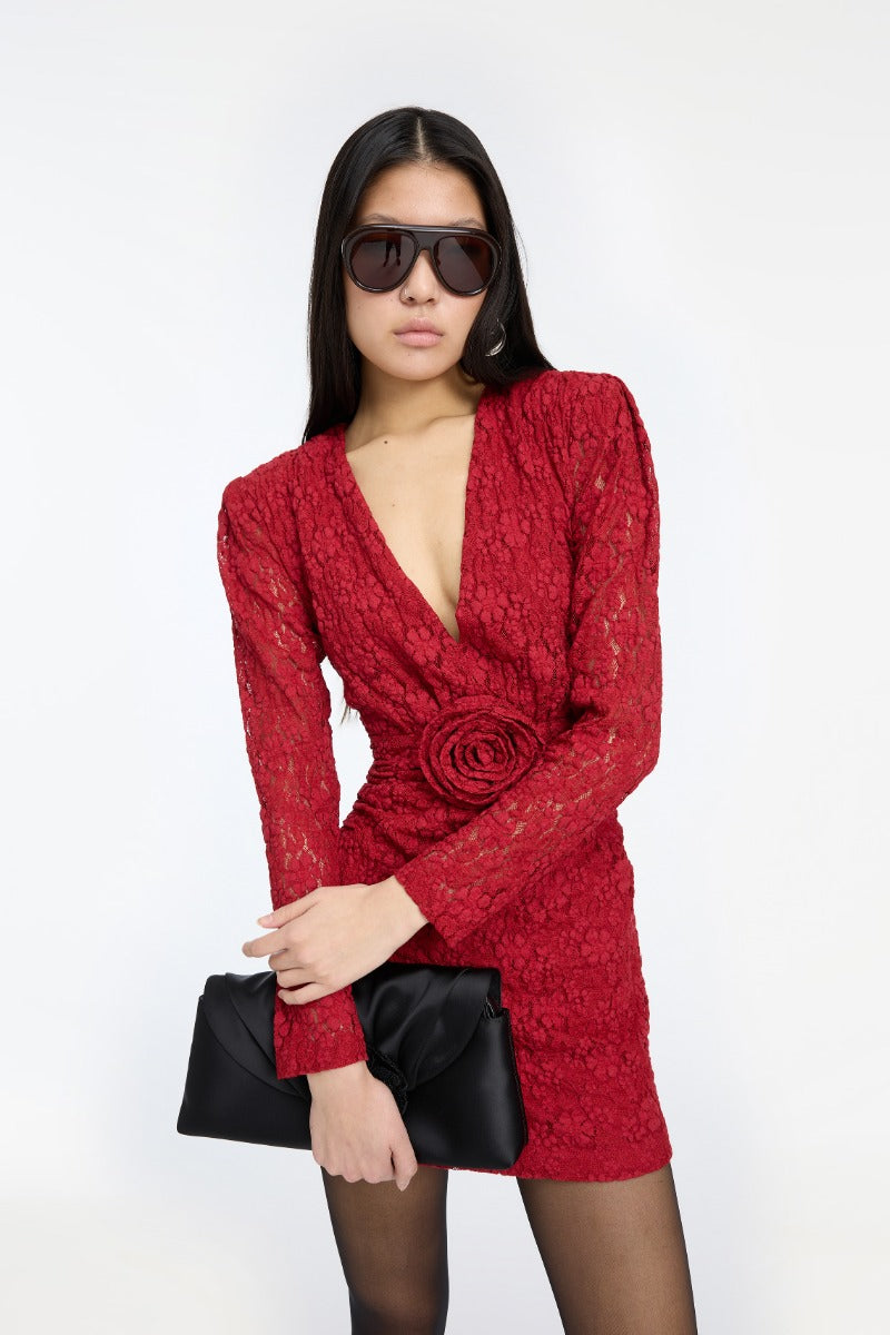 LACE V-NECK MINI DRESS  Scooter Red