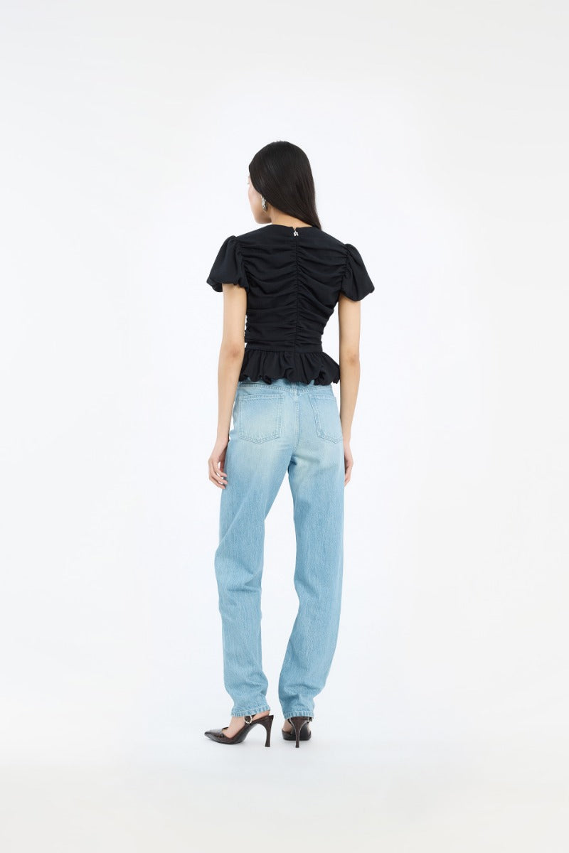 RUCHED PUFF SLEEVE TOP  Black