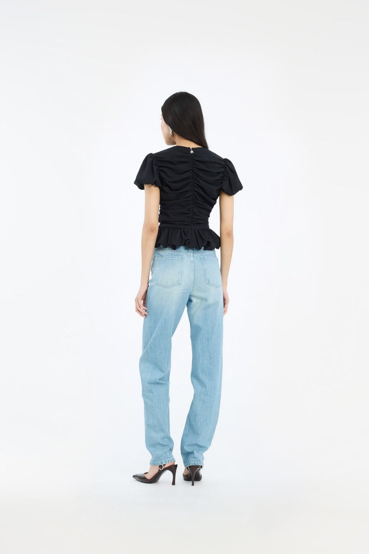 RUCHED PUFF SLEEVE TOP  Black