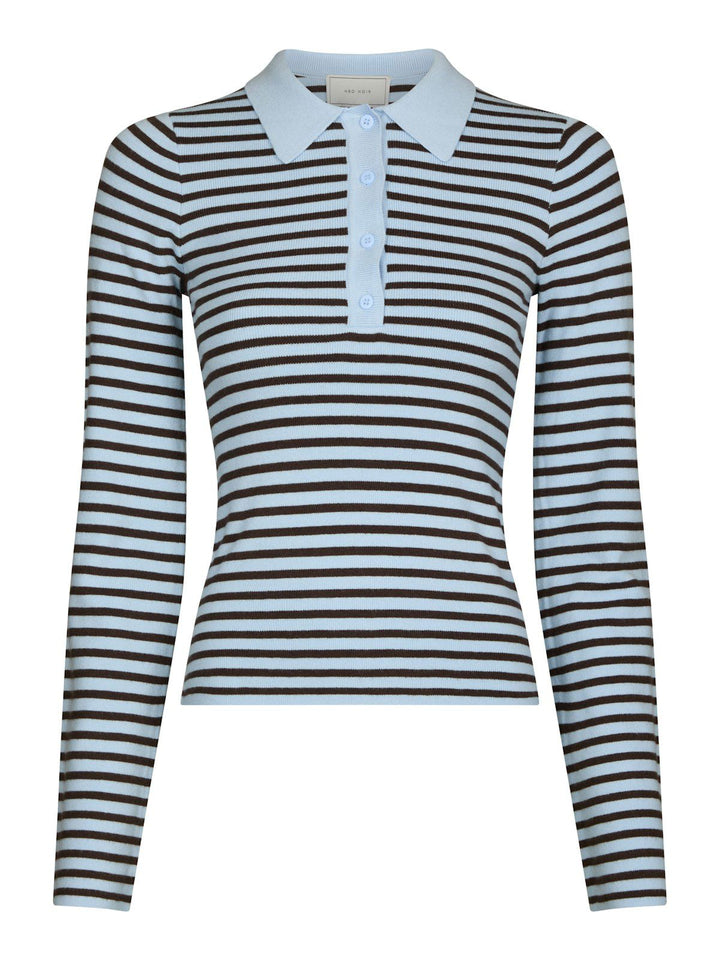 Fannya Ls Striped Knit Polo  Light Blue Stripe