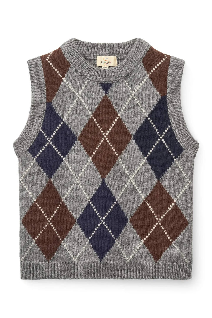 ARGYLE KNITTED VEST  Grey Mel/ Dk Brown/ Navy Comb