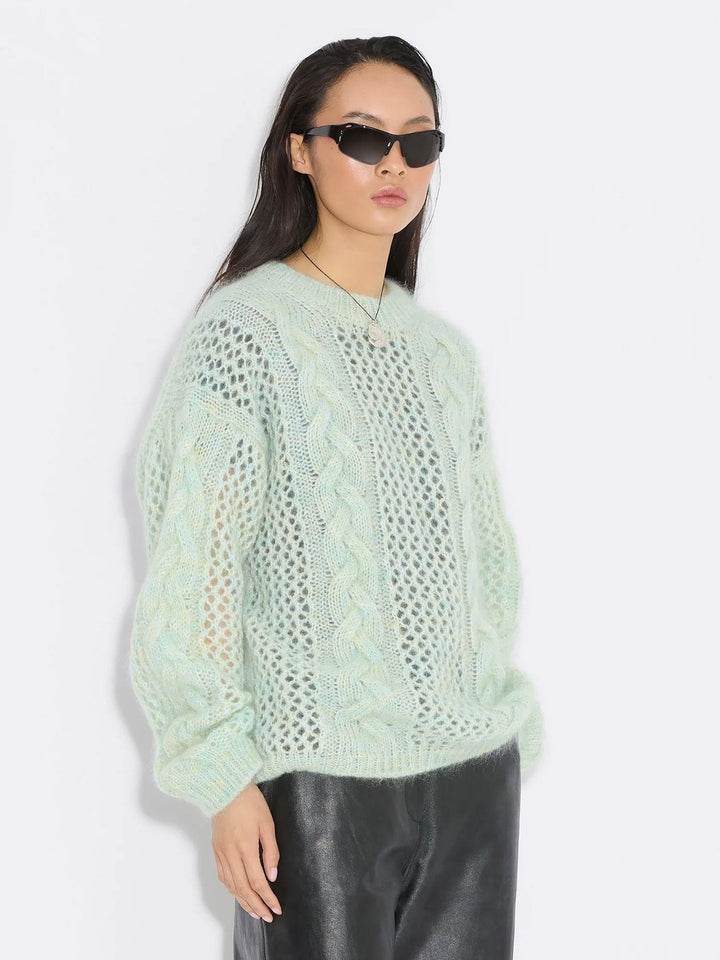 Mohair Cable Knit Crew  Green Mix