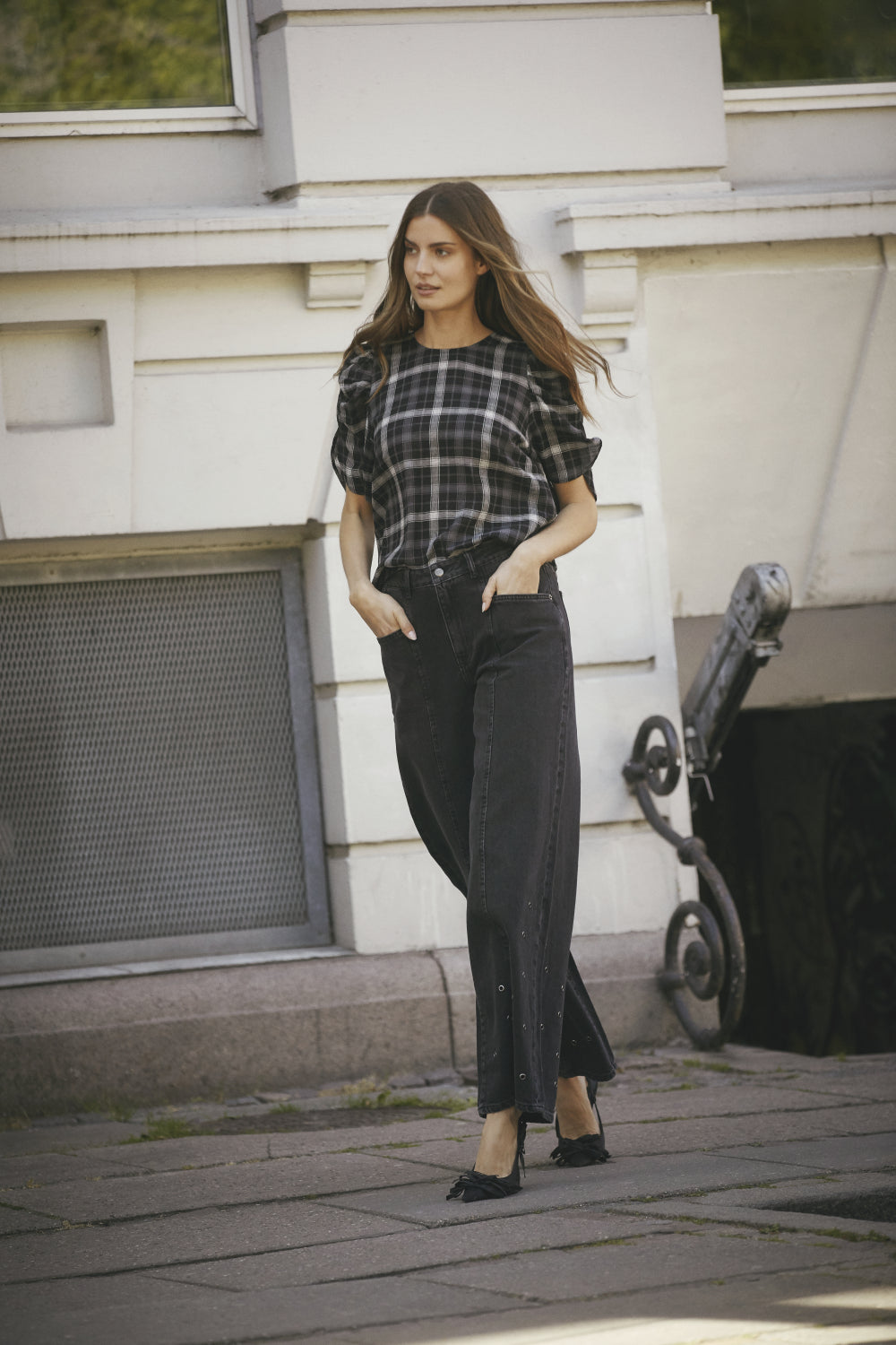 SallyCC Check SS Blouse  Black