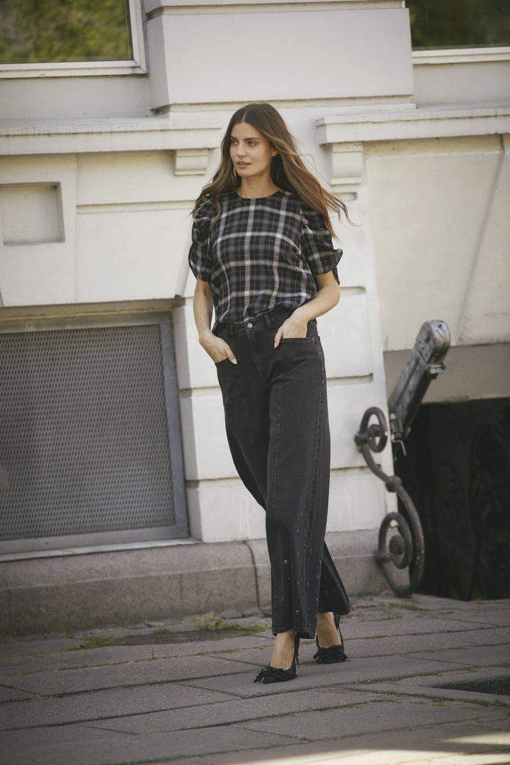 SallyCC Check SS Blouse  Black