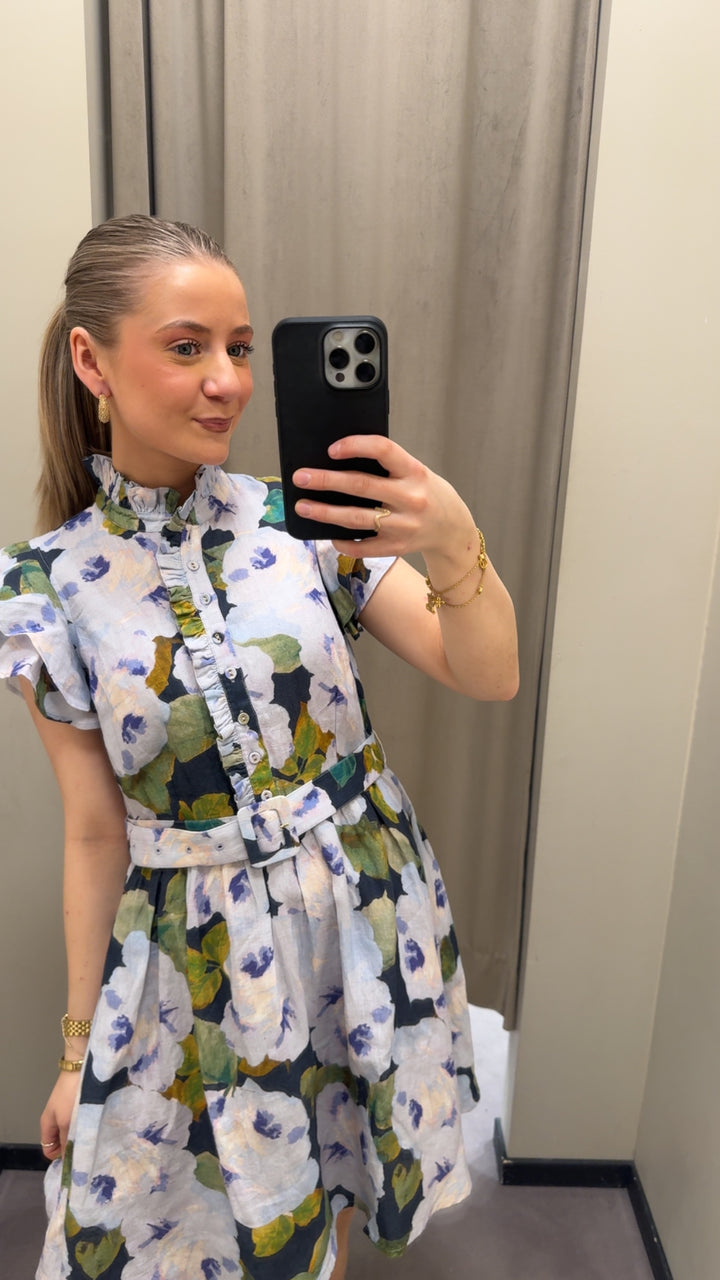 Linen Ruffle Dress  Bluebell