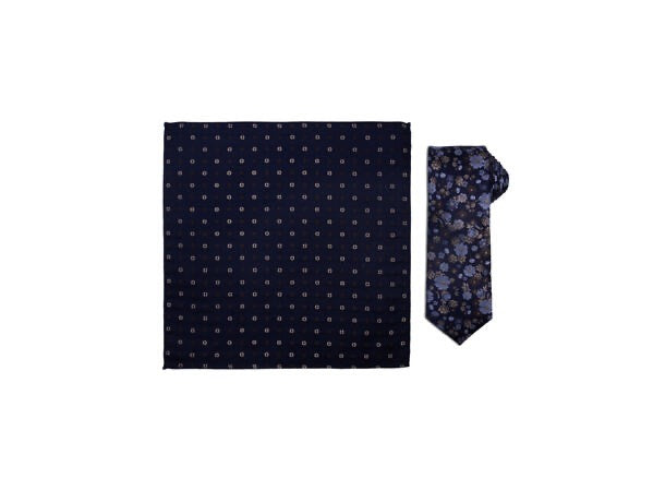 Santi silkeslips+lommetørkle mønstret sett navy  Navy