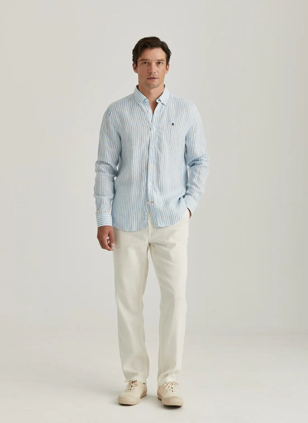 Douglas Linen Stripe Shirt-Classic Fit  Blue