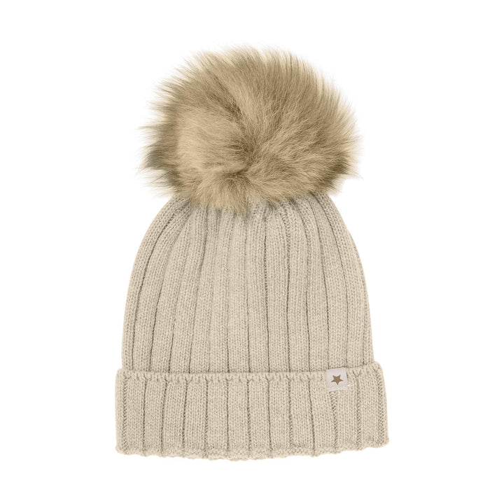 Hat Knit Alpaca Pompom  Sand Melange