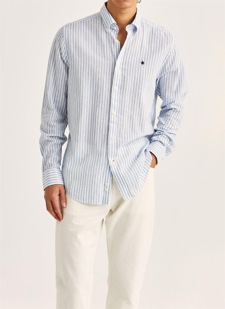 Douglas Linen Stripe Shirt-Classic Fit  Light Blue