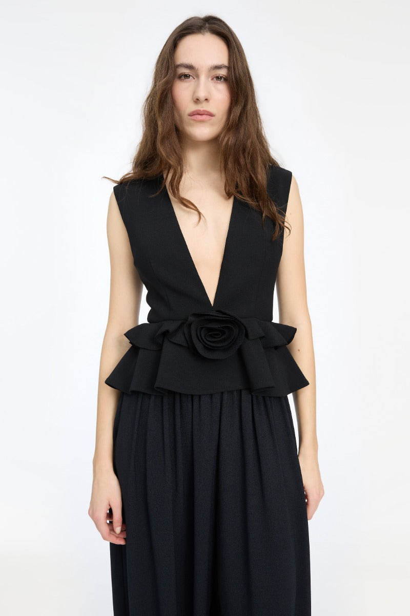 V-NECK FLOWER TOP  Black