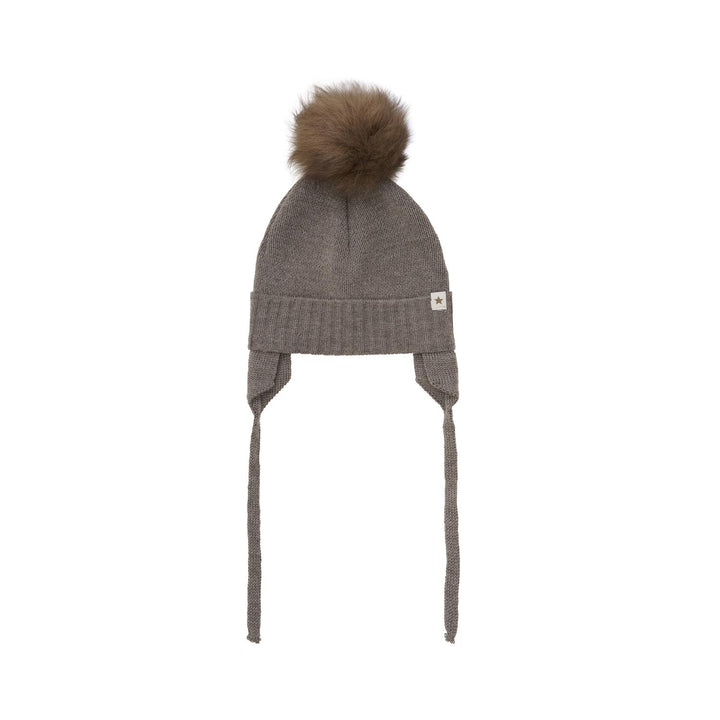 Bonnet Wool Knit Alpaca Pompom  Brown Melange