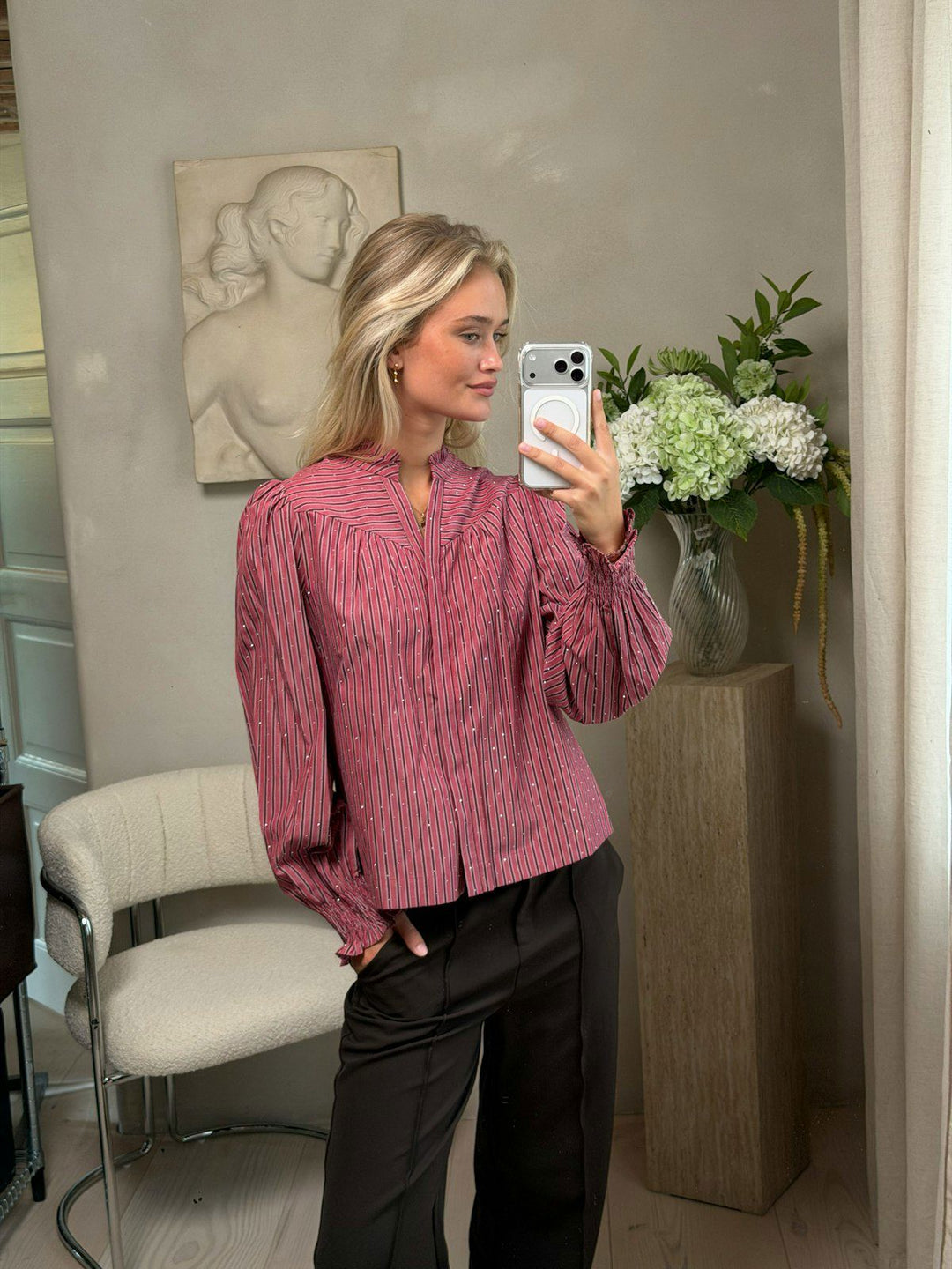 Astrida Soft Stripe Stone Blouse  Dark Rose