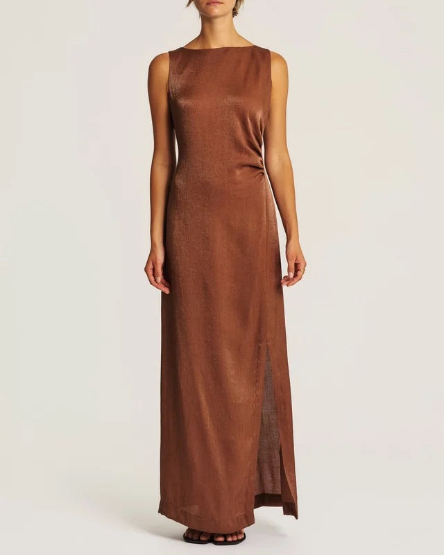 Shiny Sleeveless Dress  Brown