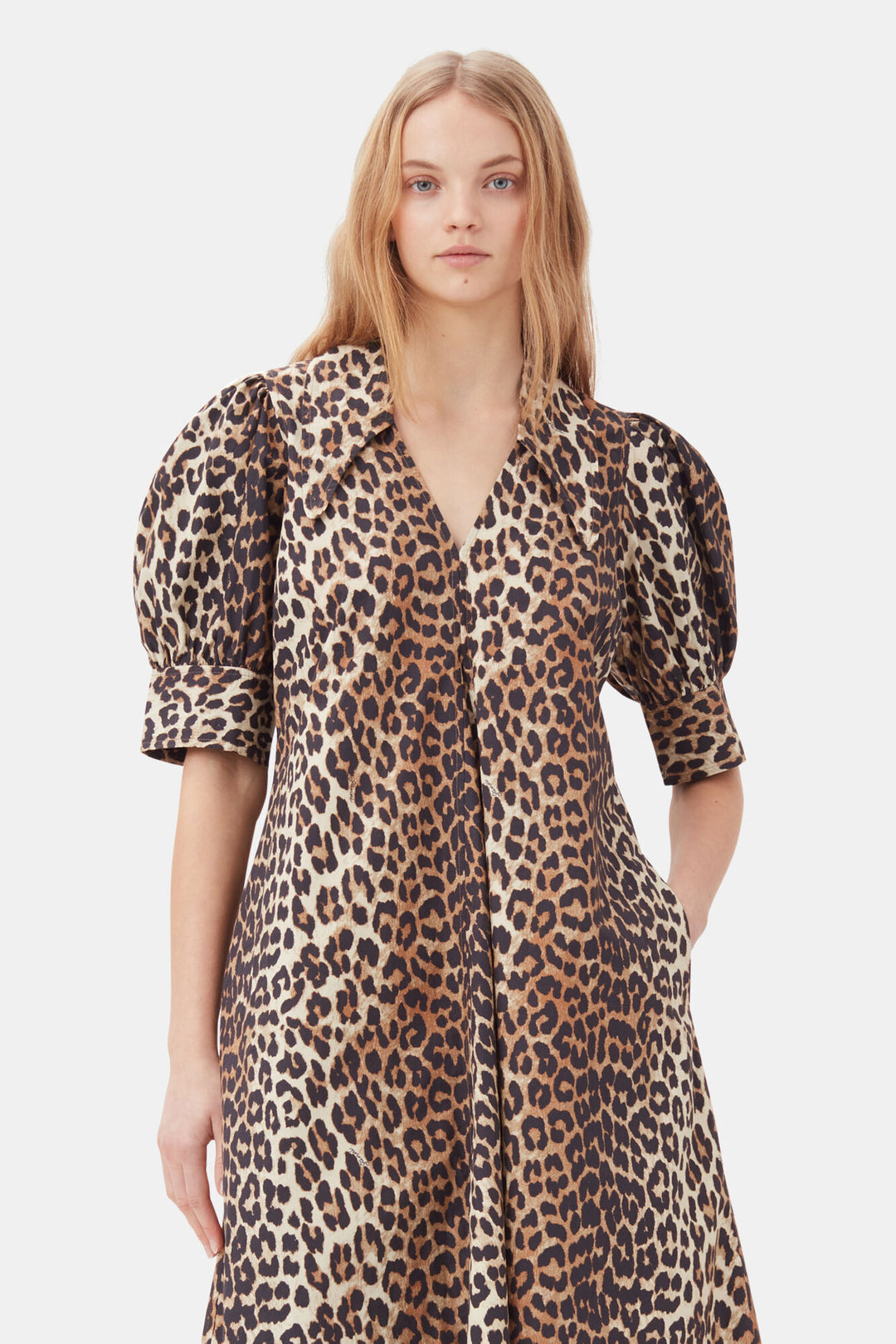 Printed Cotton Poplin V-neck Long Dress  Leopard