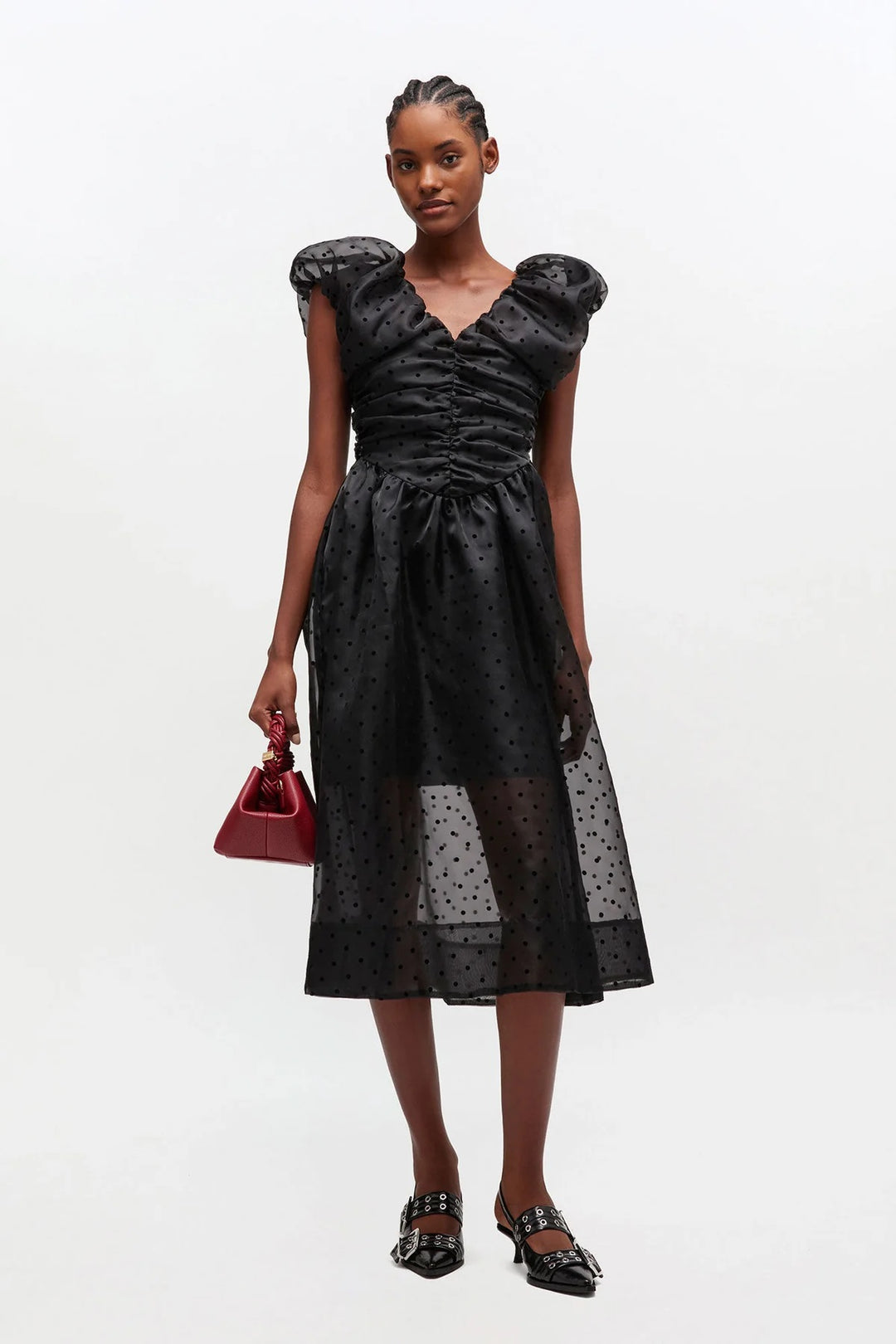 Flocked Organza Long Ruched Dress  Black