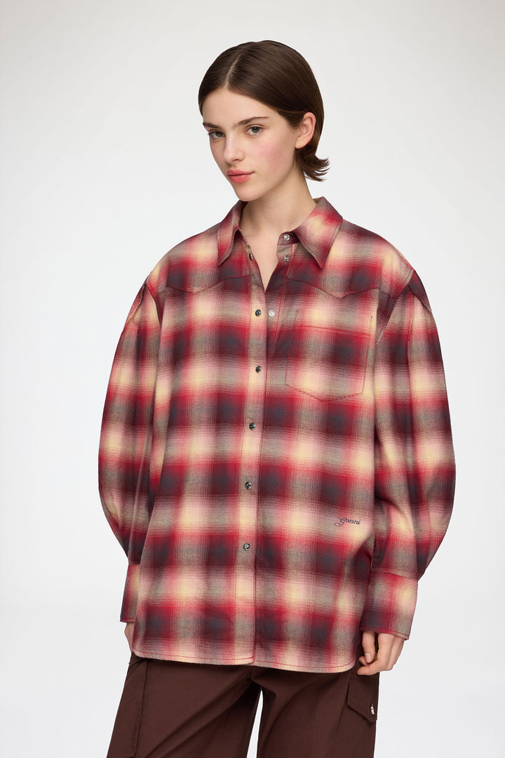 Cotton Flannel Check Pleated Sleeve Shirt  Raspberry Wine