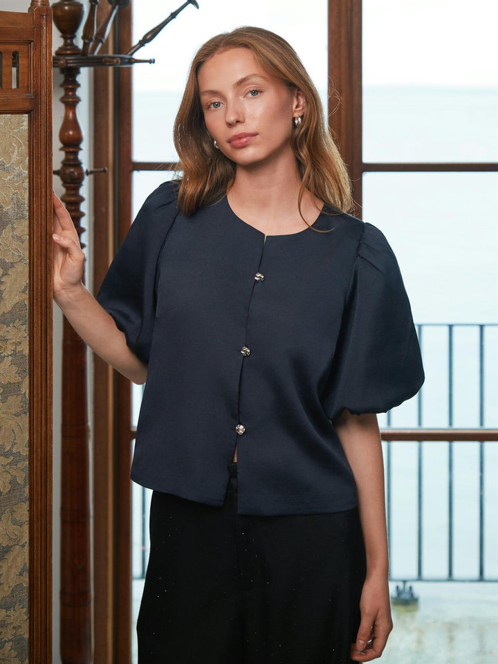 AISA DULL SATIN BLOUSE  Navy