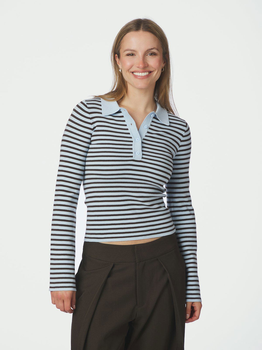 Fannya Ls Striped Knit Polo  Light Blue Stripe