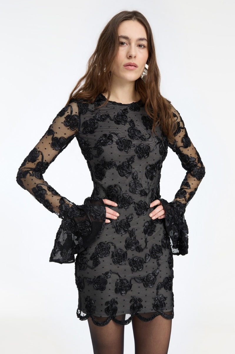 FLOWER MESH LS MINI DRESS  Black