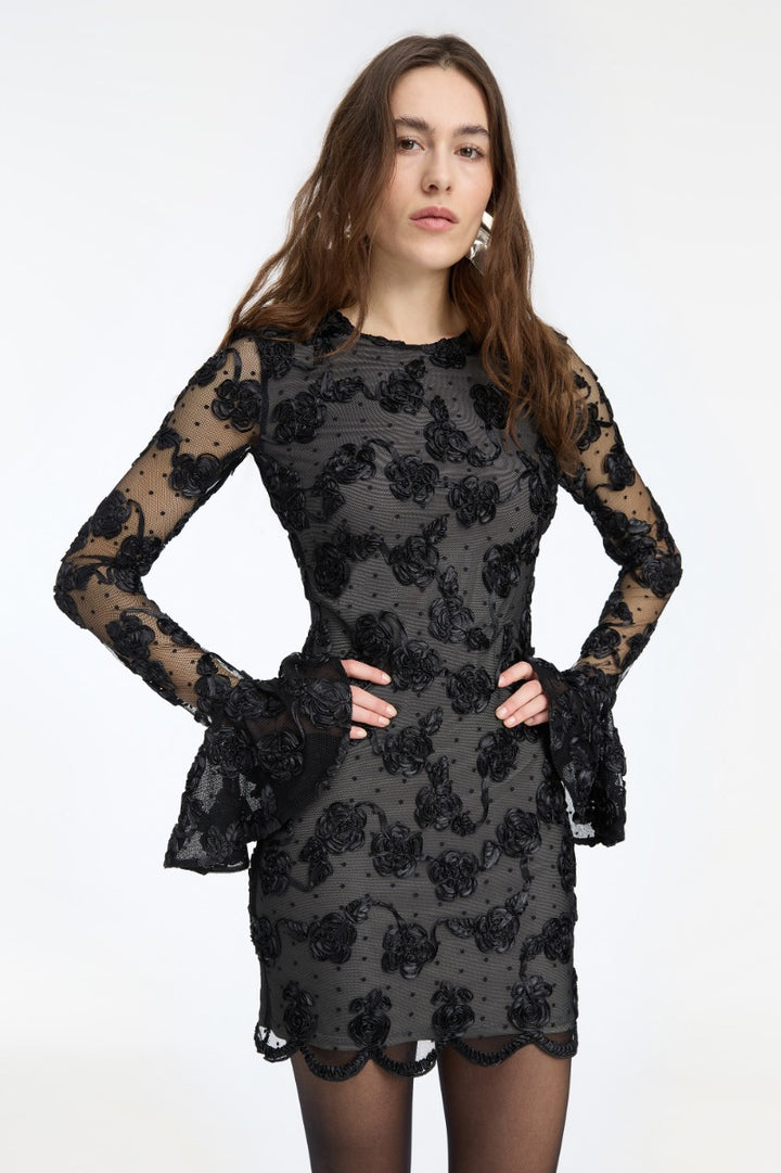 FLOWER MESH LS MINI DRESS  Black