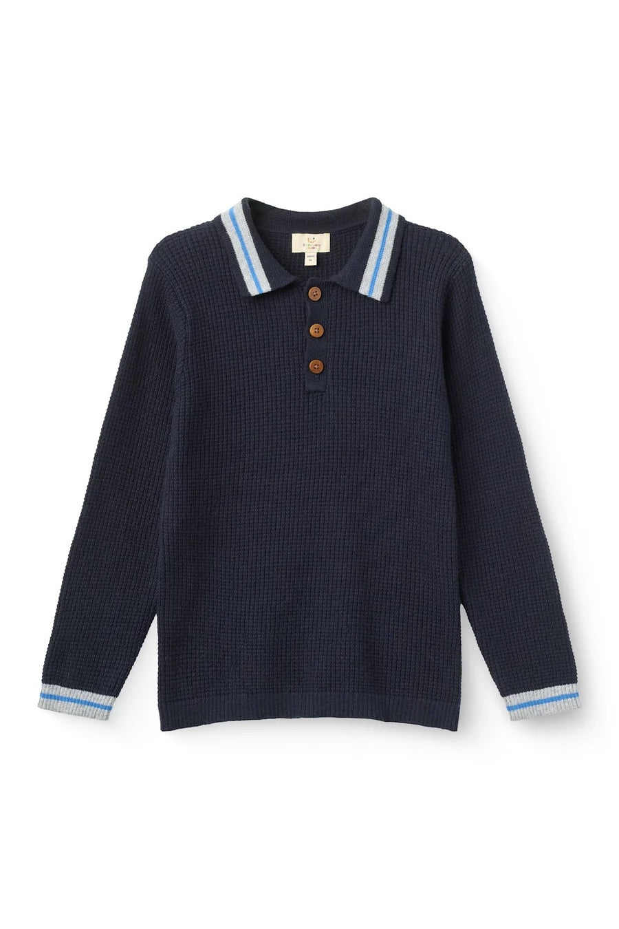 LONG-SLEEVED KNITTED WAFFLE POLO  Navy Comb