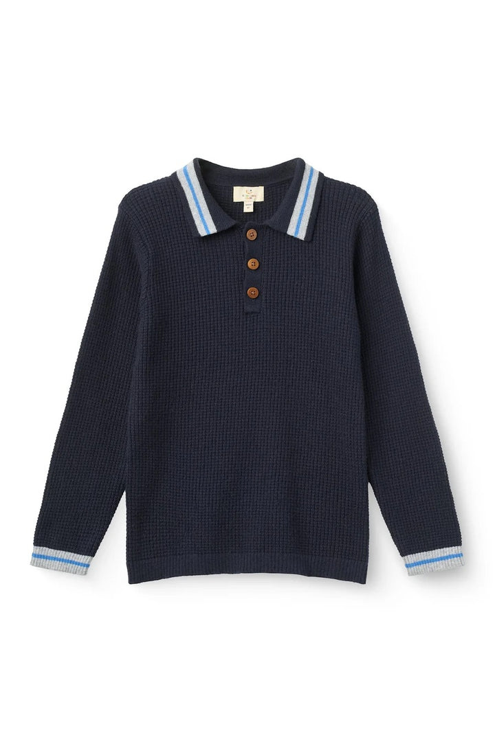 LONG-SLEEVED KNITTED WAFFLE POLO  Navy Comb