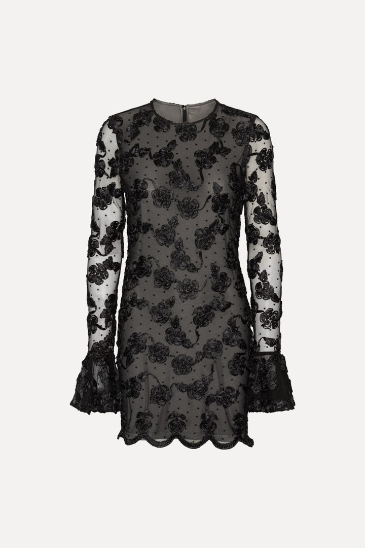 FLOWER MESH LS MINI DRESS  Black