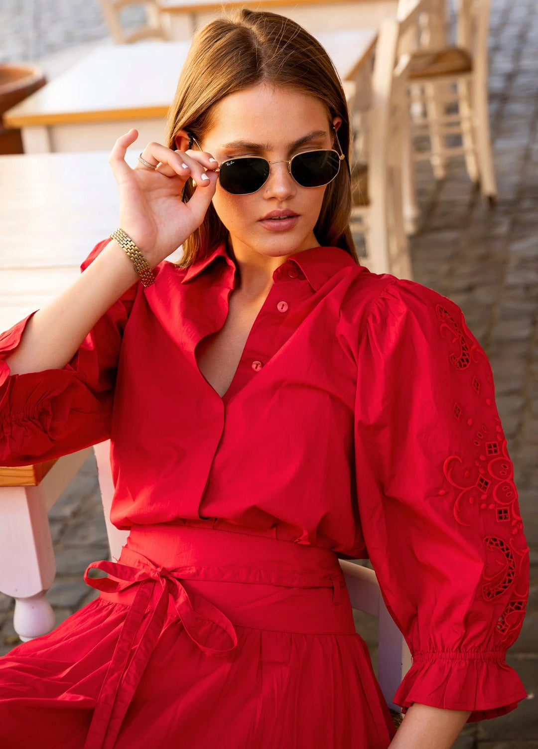 Amy Embroidered Shirt City Red Poplin  City Red Poplin