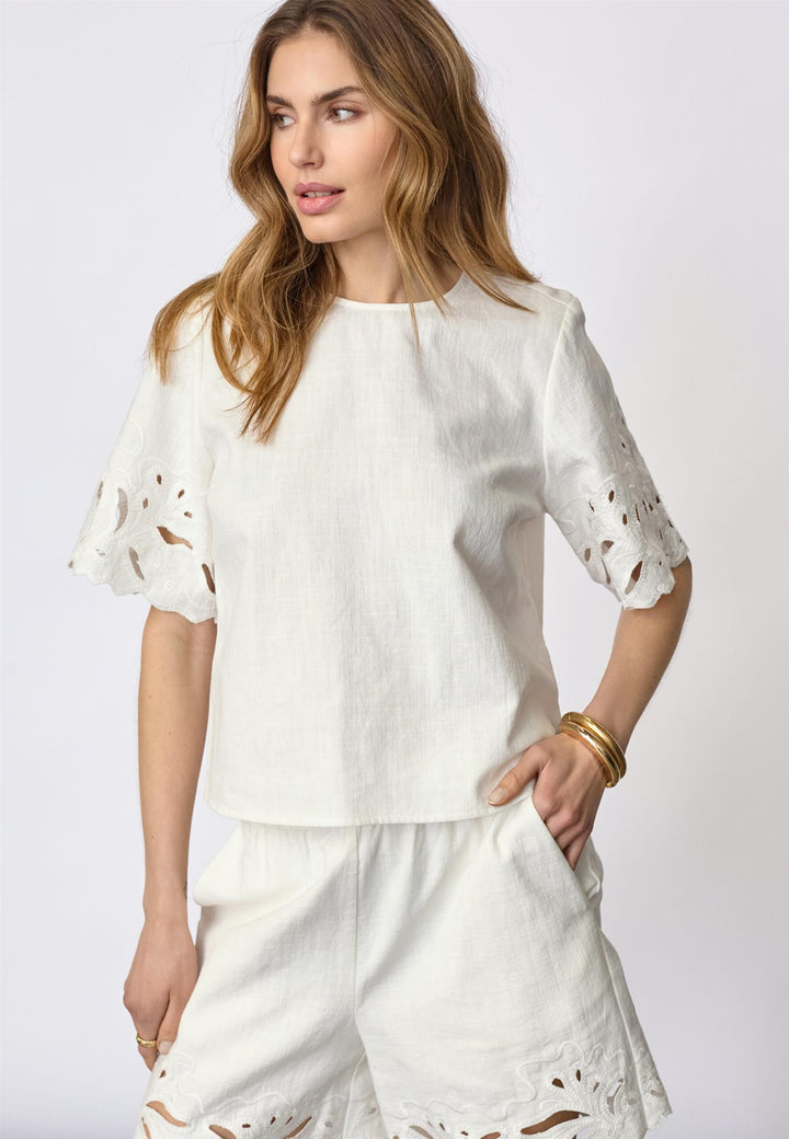 LitaCC Linen Emb SS Blouse  White