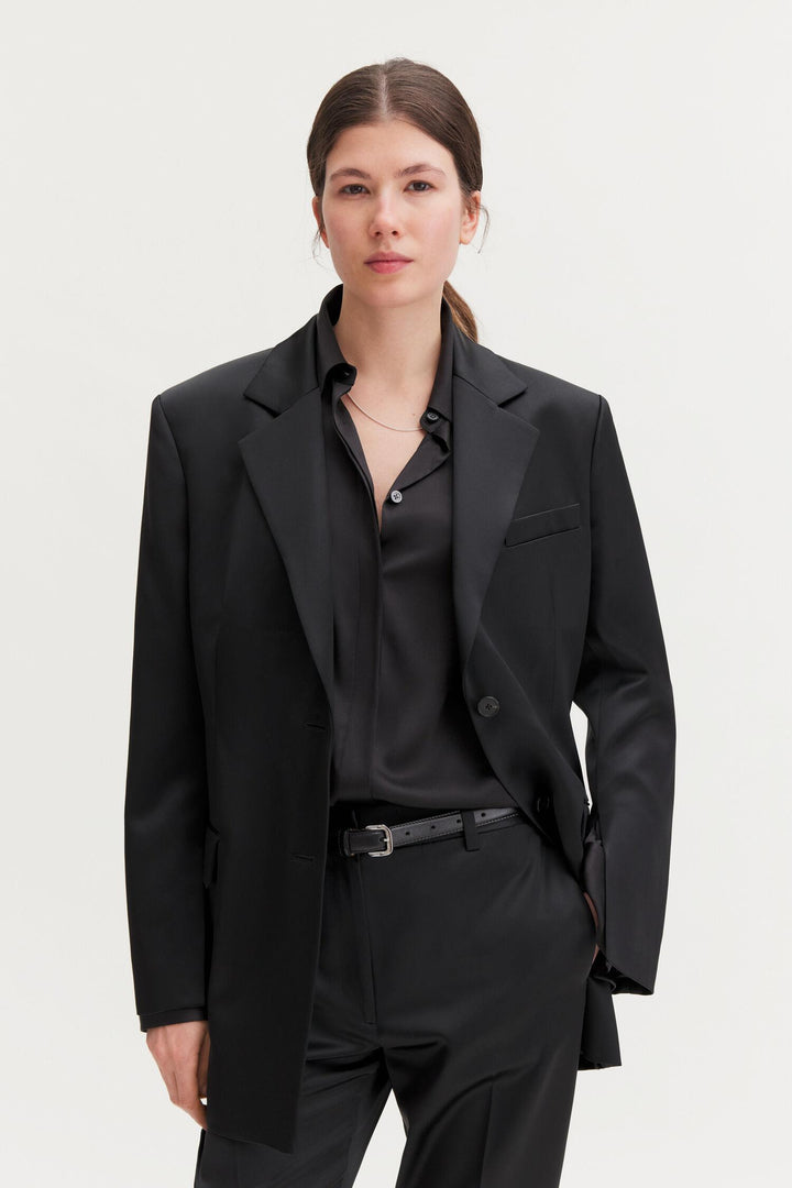 slit satin blazer Black