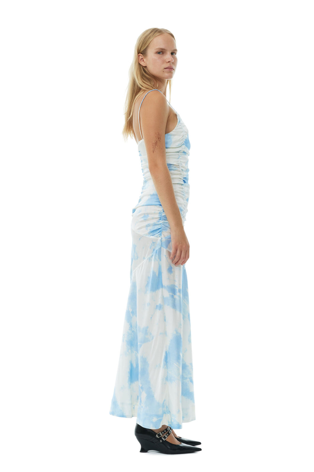 Printed Satin Ruched Long Slip Dress  Powder Blue