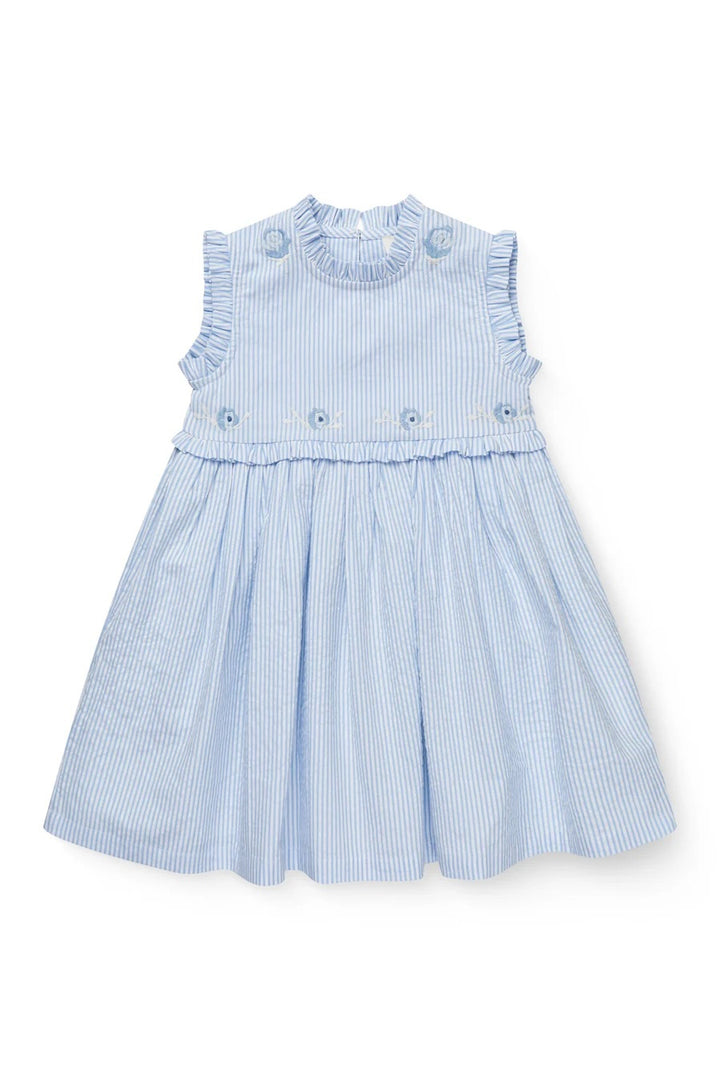 SEERSUCKER DRESS W. RUFFLES AND EMB.  Sky Blue W Cream Stripe
